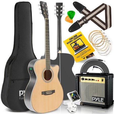 PYLE 40” Inch   6-String Electric Acoustic Guitar With Amplifier - Guitar with Digital Tuner & Accessory PEAGKT100